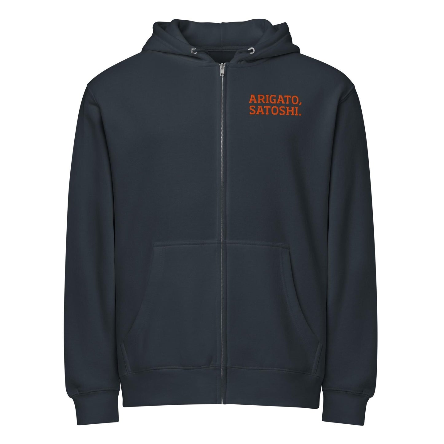 Arigato Satoshi Embroidered Eco Hoodie, Bitcoin Unisex Zip Hoodie