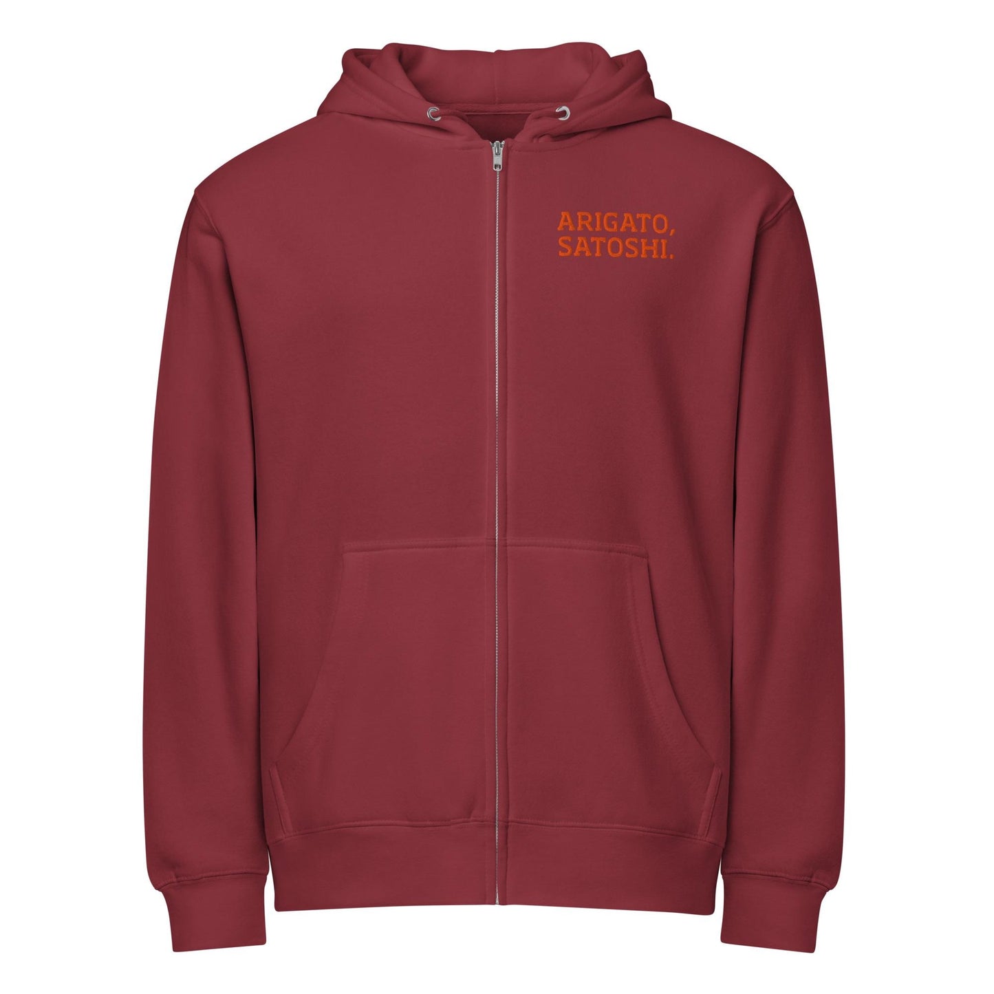 Arigato Satoshi Embroidered Eco Hoodie, Bitcoin Unisex Zip Hoodie