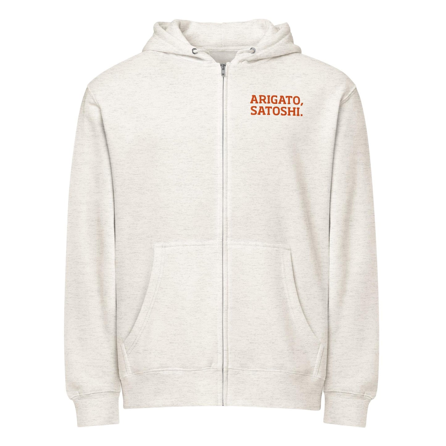 Arigato Satoshi Embroidered Eco Hoodie, Bitcoin Unisex Zip Hoodie