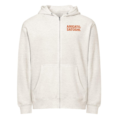 Arigato Satoshi Embroidered Eco Hoodie, Bitcoin Unisex Zip Hoodie