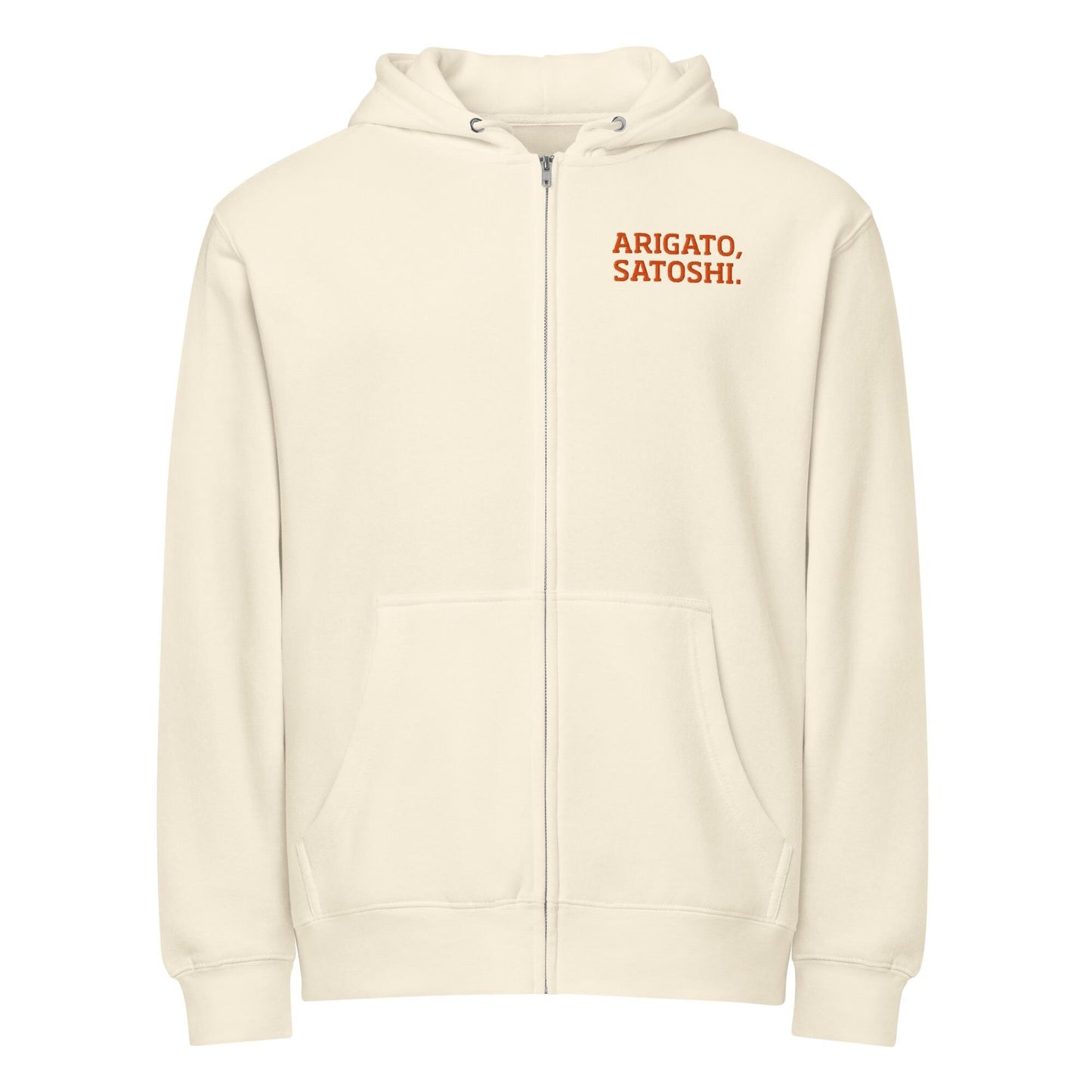 Arigato Satoshi Embroidered Eco Hoodie, Bitcoin Unisex Zip Hoodie