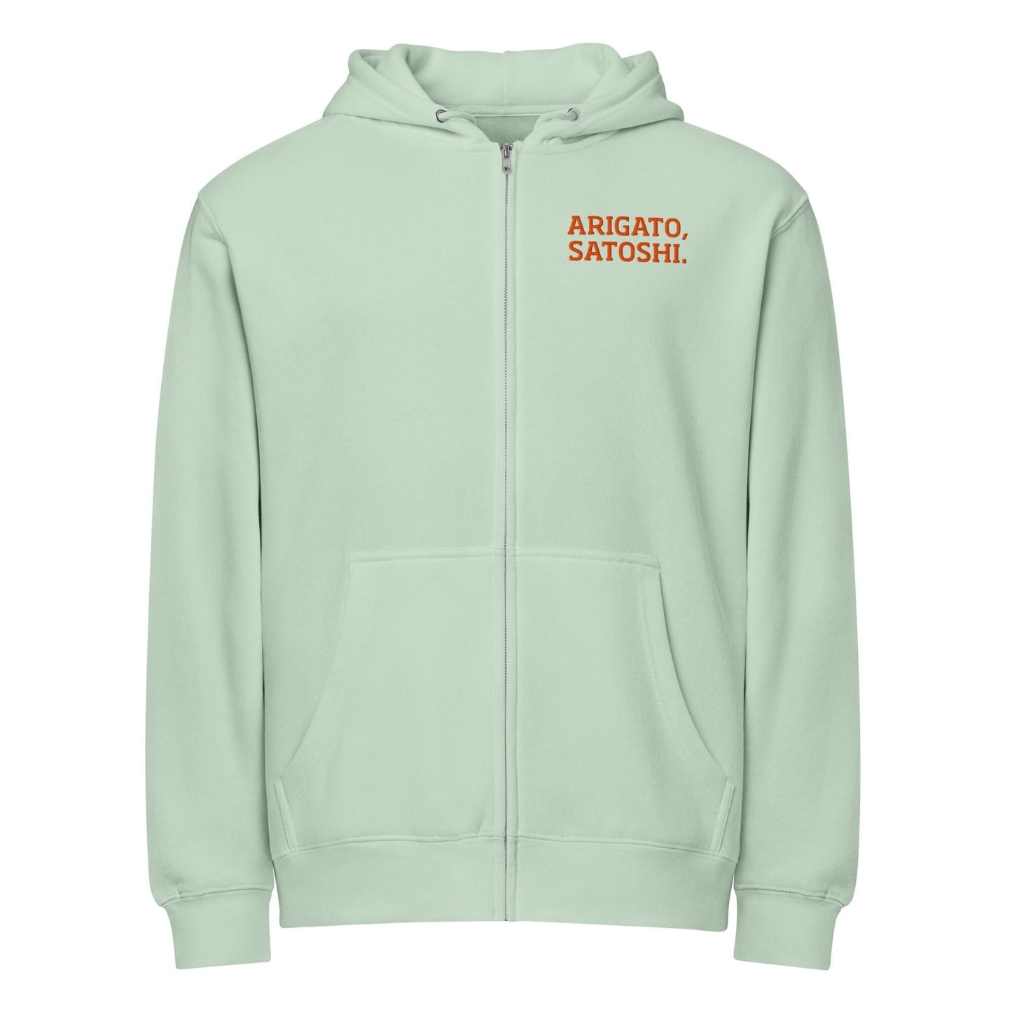 Arigato Satoshi Embroidered Eco Hoodie, Bitcoin Unisex Zip Hoodie